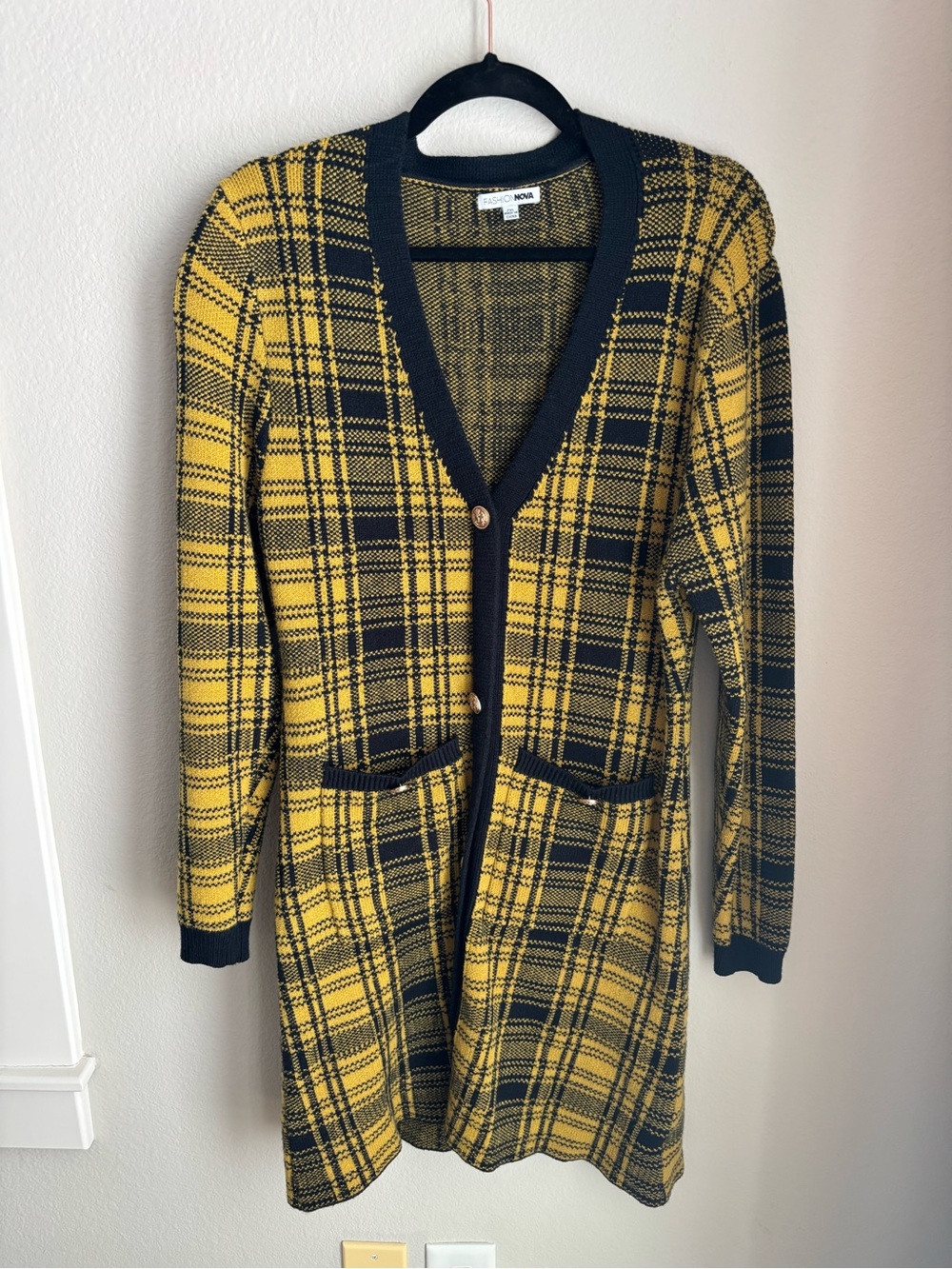 Fashion Nova Yellow & Black Plaid Knit Mini Dress